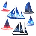 Set of watercolor illustrations with blue silhouette of sails. Yachting sport. Hand drawn sailboat