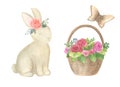 A set of watercolor illustrations: a bunny, a basket of roses, a butterfly.