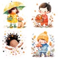 Set of watercolor illustrations. Cartoon little kids, autumn weather, children season activities