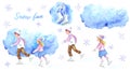 Set of watercolor illustrations of children ice skating. Isolated elements on a white background