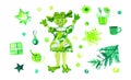 Set of watercolor illustrations for Christmas and New Year in lime green color.Collection of holiday pictures