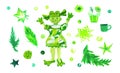 Set of watercolor illustrations for Christmas and New Year in lime green color.Collection of holiday pictures