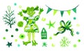 Set of watercolor illustrations for Christmas and New Year in lime green color.Collection of holiday pictures