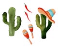 Set of watercolor illustrations cinco de mayo, mexican cuisine, fiesta traditional holiday food and festival symbols travel illust