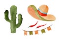 Set of watercolor illustrations cinco de mayo, mexican cuisine, fiesta traditional holiday food and festival symbols travel illust Royalty Free Stock Photo