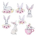 Set of watercolor illustrations of cute gray and white Easter bunnies