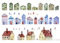 Set of watercolor illustrations of different houses isolated on white background. Old European houses with tile roofs