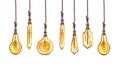 A set of watercolor illustrations of different types of light bulbs in the loft style, Edison lamps, on ropes, interiors Royalty Free Stock Photo