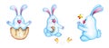 Set of watercolor illustrations of Easter blue bunnies.