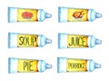 Set of watercolor illustrations of food for astronauts in tubes.