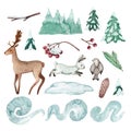 Set of watercolor illustrations of forest animals. Deer, rabbit, bird, fir and rowan branches. Winter set for