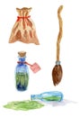 Set of watercolor illustrations for Halloween witch`s broom, bag of herbs, bottles of potion, spilled bottle