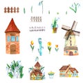 Set of watercolor illustrations with houses, towers, mills, plants, snowdrops, tulips, leaves.