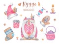 Set of watercolor illustrations with Hygge concept.