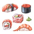 Set of watercolor illustrations of Japanese food.