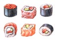 Set of watercolor illustrations of Japanese food.