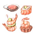 Set of watercolor illustrations of Japanese food.