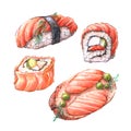 Set of watercolor illustrations of Japanese food.