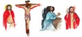 Set of watercolor illustrations of Jesus Christ in prayer, Christ on the cross, Jesus in the crown of thorns, Christ blesses.