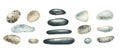 A set of watercolor illustrations made of pebbles and stones for a spa salon. Black flat stones and light blue and brown Royalty Free Stock Photo