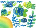 Set of watercolor illustrations.  over white background. Cute fishes, funny snail, seaweed, sand, and waves. Royalty Free Stock Photo