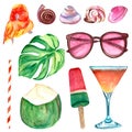 set of watercolor illustrations shells, cocktail, coconut, sunglasses, tropical leaf, parrot isolated white background