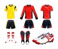 Set of watercolor illustrations of soccer uniforms in red and yellow with black