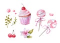 Set of watercolor illustrations. Sweets and flowers on a white background.
