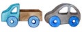 Set of watercolor cars wooden toy for boy Royalty Free Stock Photo