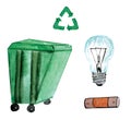 Set of watercolor illustrations - trash can, light bulb, battery Royalty Free Stock Photo