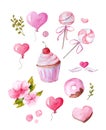 Set of watercolor illustrations for Valentine`s Day. Sweets, lollipops, pink flowers