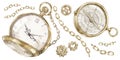 Set of watercolor illustrations with vintage gold pocket watch, compass, gears and chains isolated on a white. Royalty Free Stock Photo