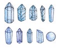 Set of watercolor and ink hand painted blue gems and crystals isolated