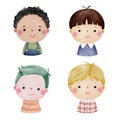 Set of watercolor little boy faces, avatars, kid heads different nationality set 1