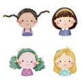 Set of watercolor little girl faces, avatars, kid heads different nationality set 1 Royalty Free Stock Photo