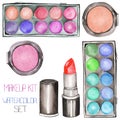 A set with the watercolor makeup tools: blusher, eyeshadow, lipstick Royalty Free Stock Photo