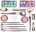 A set with the watercolor makeup tools: blusher, eyeshadow, lipstick and makeup brushes Royalty Free Stock Photo