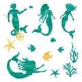 Set of watercolor mermaid silhouettes isolated on white.