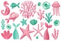 Set of watercolor mermaid tail, shells, coral, seahorse, fish, bubbles and stars