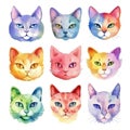 set of watercolor multicolored cartoon faces of cats on white background