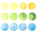 A set of watercolor multicolored circles, isolated spots on a white background drawn by hand. Royalty Free Stock Photo