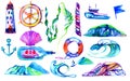 Set of watercolor nautical elements include lighthouse, ocean wave, lifebuoy, anchor, ship in a bottle