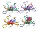 Set watercolor octopus. rainbow octopus. Sea pulpa, devilish with tentacles illustration Royalty Free Stock Photo