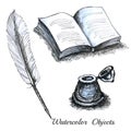 Set watercolor ols stationary feather book or note inkwell Royalty Free Stock Photo