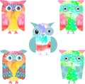 Set of watercolor owls. Mixed media background in vector