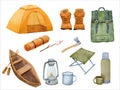 Set of watercolor painted camping supplies clipart. Hand drawn illustration isolated on white. Watercolor tent, bonfire