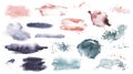 Set of watercolor painted pink, blue and violet elements. Hand drawn background with stains and splashes collection. Royalty Free Stock Photo