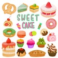 Set of watercolor painted Sweet Dessert, Cake clipart. Hand drawn isolated on white background. Royalty Free Stock Photo