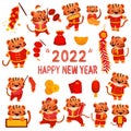 Set of watercolor painted Tiger, Tiger year, Happy new year 2022 clipart. Hand drawn isolated on white background