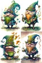 Set of watercolor painting - gnomes portraits, fairy tale characters, fantasy whimsical creature, digital illustration Royalty Free Stock Photo